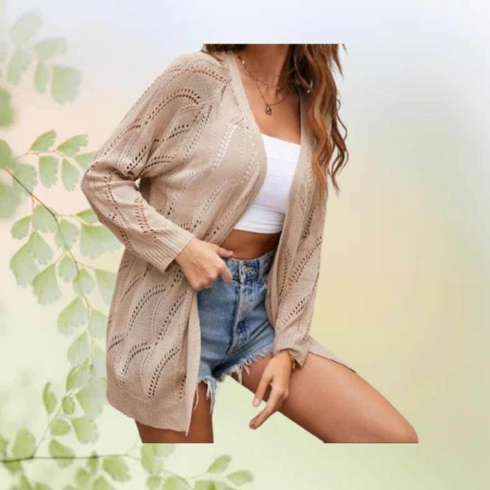 Pointelle Knit Open Front Cardigan (Size S)